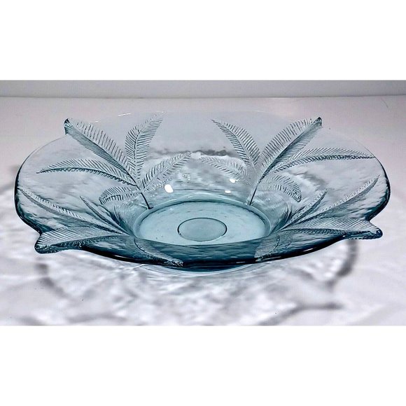 Blue Green MID CENTURY Crystal Blown Glass Platter Console Bowl LEAF Impressed